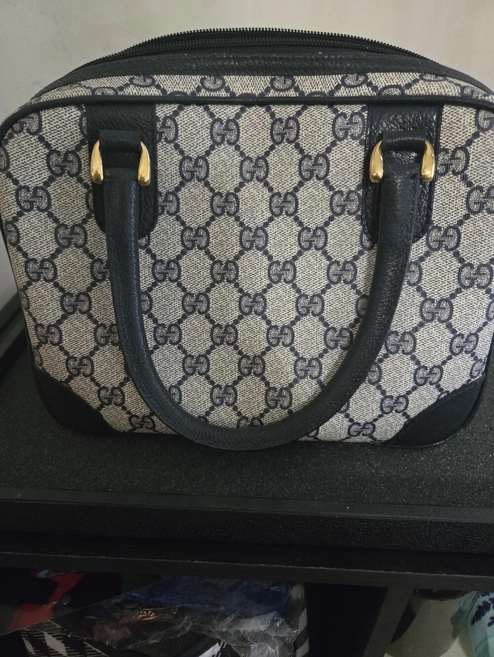 Vintage Gucci Boston Doctor Bowling Satchel GG Monogram Navy With Gold Hardware